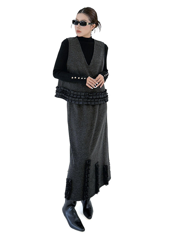 Ensemble deux pièces volanté plissé à empiècements, à col en V, à taille élastique, taille haute, couleur contrastée – débardeur + jupe