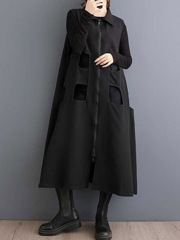 Robe mi-longue ample ajourée sans manches, à fermeture éclair, à col revers, couleur unie
