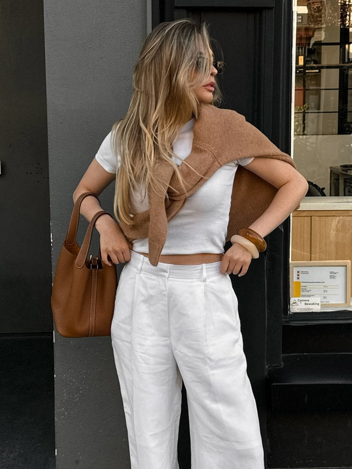 Pantalon plissé à taille élastique, taille haute, à empiècements, couleur unie