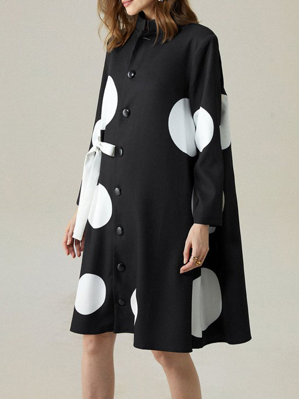 Vestes à manches longues amples asymétriques boutonnées à pois et col montant noué – Robes mi-longues à l'avoine et vêtements d'extérieur