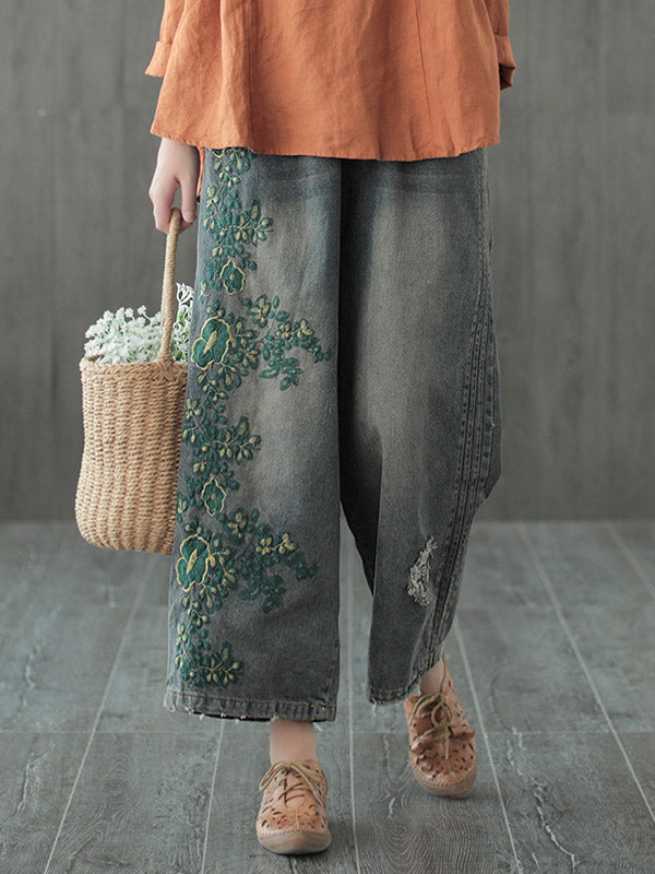 Pantalon en jean colonne à jambe large brodé Original