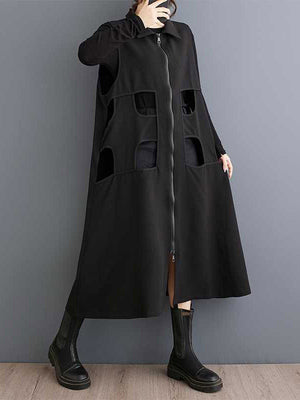 Robe mi-longue ample ajourée sans manches, à fermeture éclair, à col revers, couleur unie