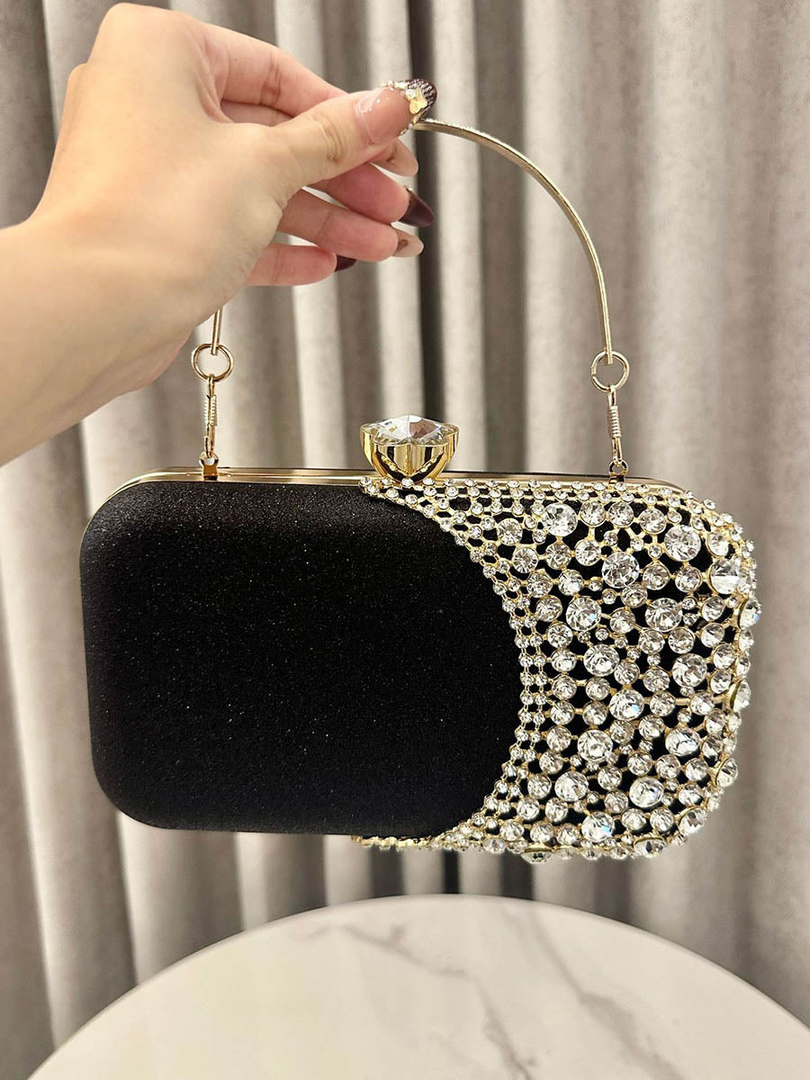 Pochette de soirée géométrique brillante à coupe irrégulière, à chaîne, à cadenas, à strass