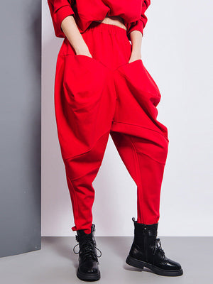 Sarouel décontracté ample à empiècements, taille haute, couleur unie