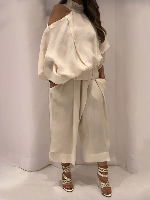 Pantalon ample boutonné décontracté à jambes larges, couleur unie