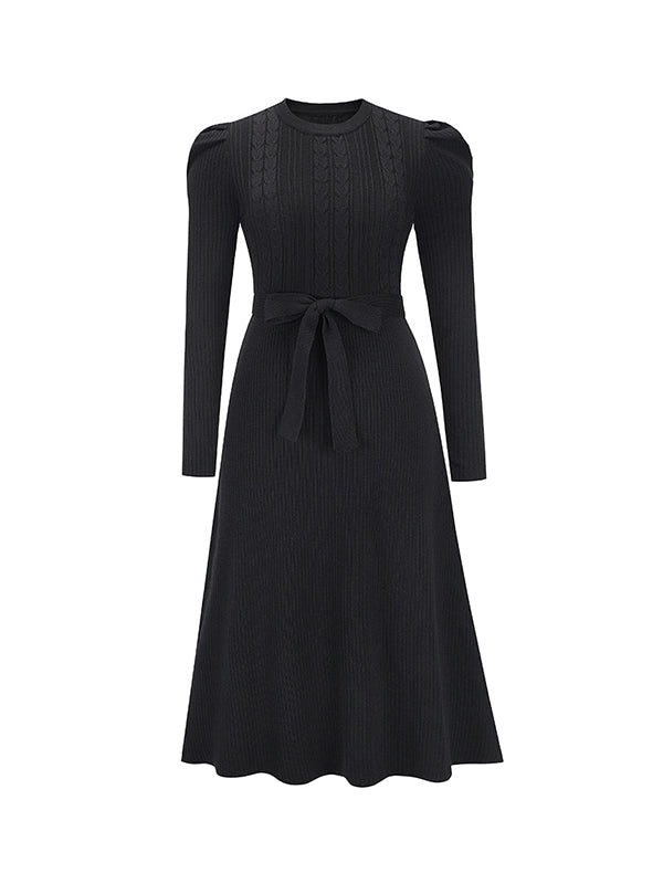 Robe pull taille haute, à manches longues, à taille nouée, à col rond, couleur unie