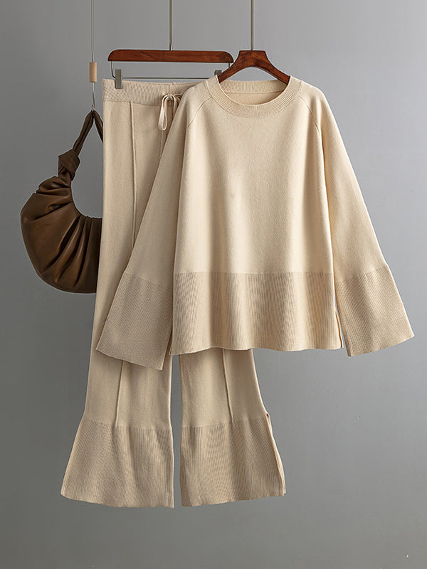 Ensemble deux pièces décontracté ample à manches longues, à col rond, à jambes larges, couleur unie – pull + pantalon