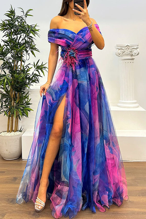 Jinnie - Robe maxi en tulle avec plumes, plis et fente