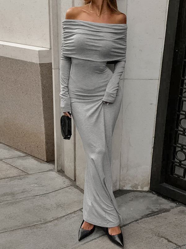 Robe de soirée longue plissée à manches longues, coupe près du corps, à empiècements, à épaules dénudées, couleur unie