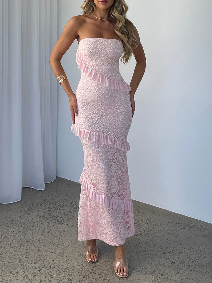 Robe mi-longue moulante volantée coupe trapèze, à empiècements, bustier, couleur unie