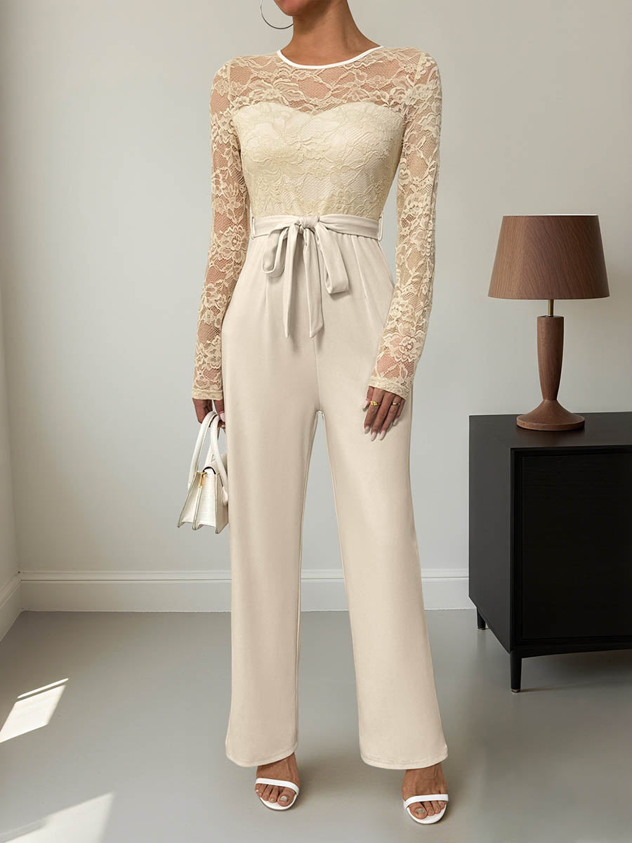 Combinaison transparente coupe droite, taille haute, à empiècements, à taille nouée, à col rond, couleur unie