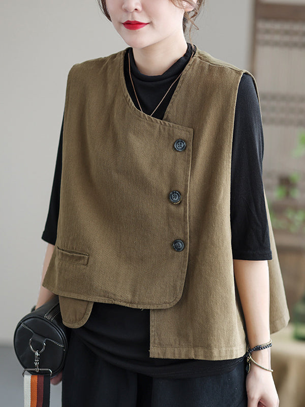 Débardeur asymétrique boutonné vintage, couleur unie