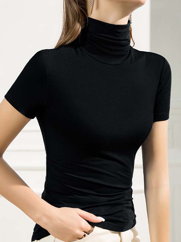 T-shirt décontracté coupe près du corps, à manches courtes, à col haut, couleur unie