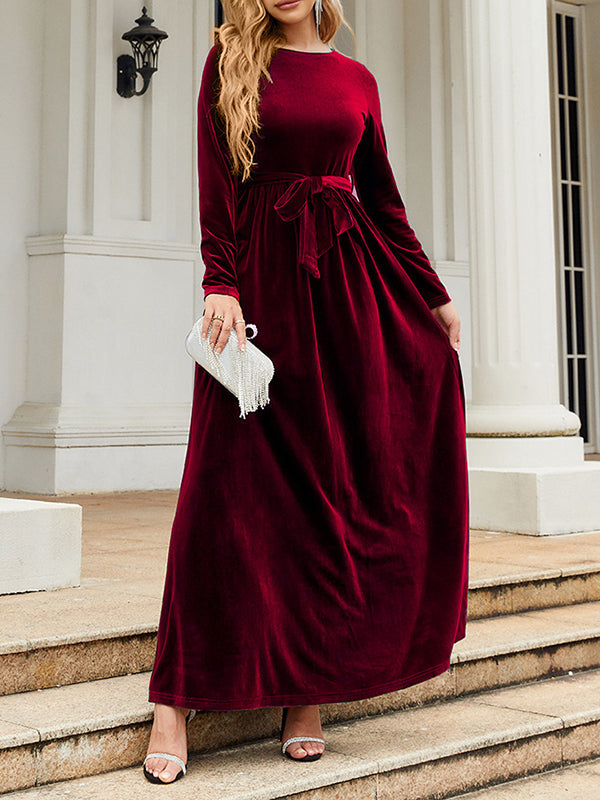 Robe longue plissée à manches longues, coupe portefeuille, avec ceinture, à fermeture éclair, à col rond, couleur unie