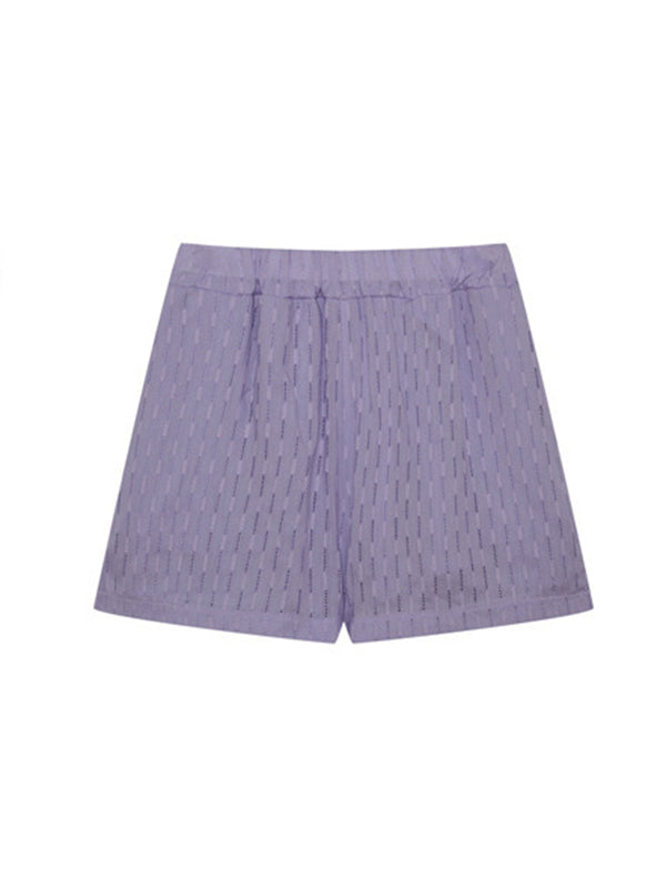 Ensemble deux pièces boutonné à ourlet plongeant, à manches longues, en jacquard, à col revers, couleur unie – chemise + haut + short
