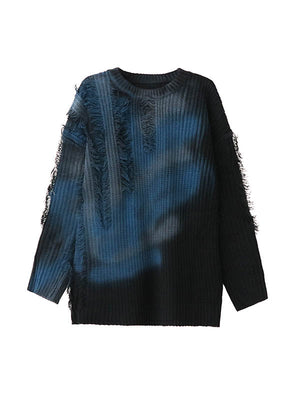Irrégularité manches longues imprimé abstrait asymétrique contraste couleur fendue glands col rond pull hauts