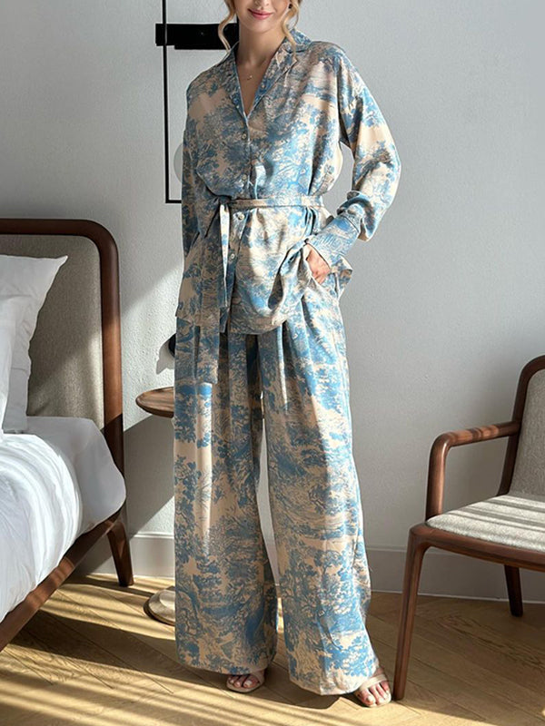 Ensemble deux pièces boutonné imprimé à manches longues, à taille nouée, à col cranté, taille haute – chemise + haut + pantalon
