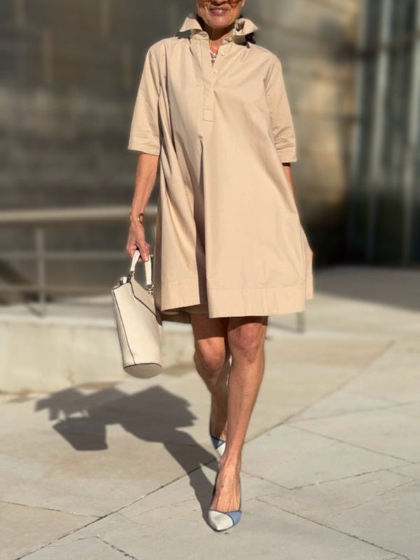 Robe chemise coupe trapèze, à manches courtes, à empiècements, à col revers, couleur unie