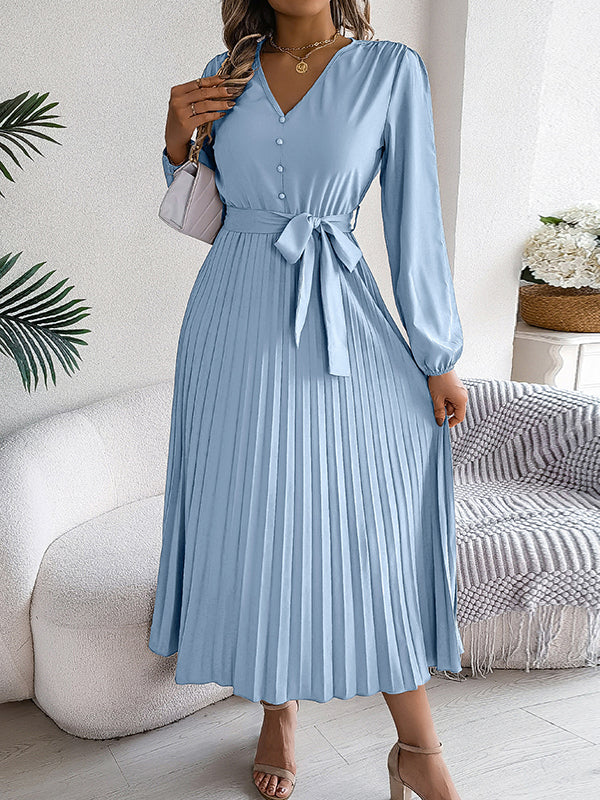 Robe longue boutonnée plissée taille haute, à manches longues, avec ceinture, à col en V, couleur unie