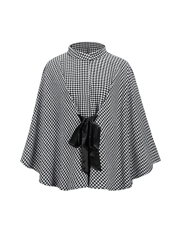 Veste à manches chauve-souris, à manches longues, à motif pied-de-poule, à taille nouée, à col montant, style cape