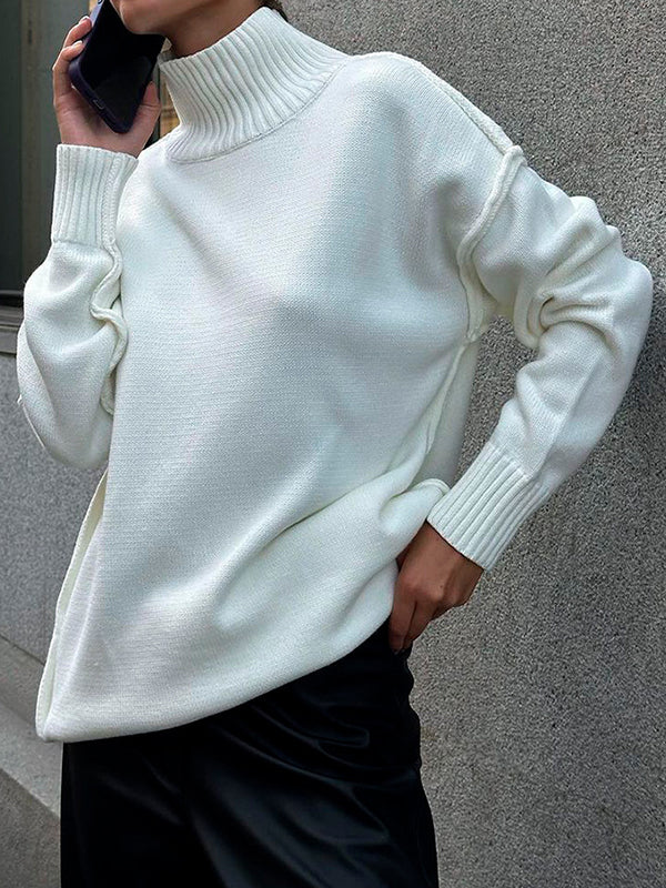 Pull ample à manches longues, à empiècements, à col haut, couleur unie