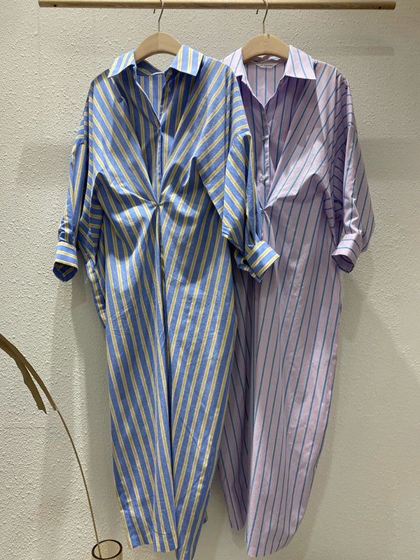 Robe chemise ample boutonnée rayée à manches longues, à poches, à col revers, couleur contrastée