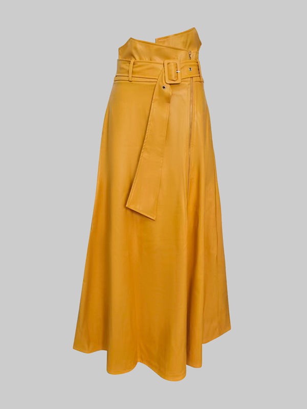 Jupe coupe trapèze, taille haute, avec ceinture, à poches, à fermeture éclair, couleur unie