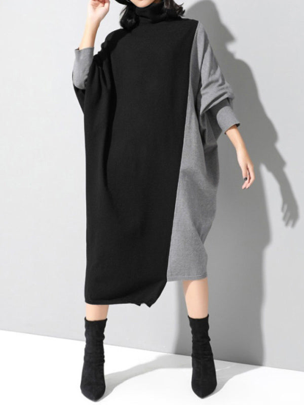 Robe décontractée ample à empiècements, à col haut, à manches longues, couleur contrastée
