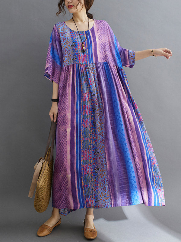 Robe mi-longue vintage à imprimé floral rayé et poche latérale