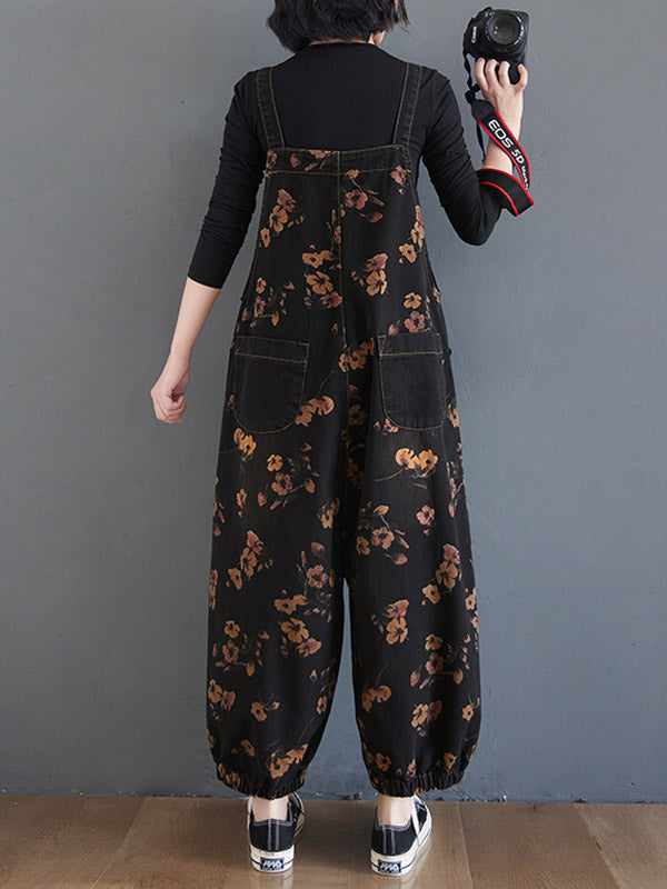 Salopette en denim sarouel originale à fleurs avec poches