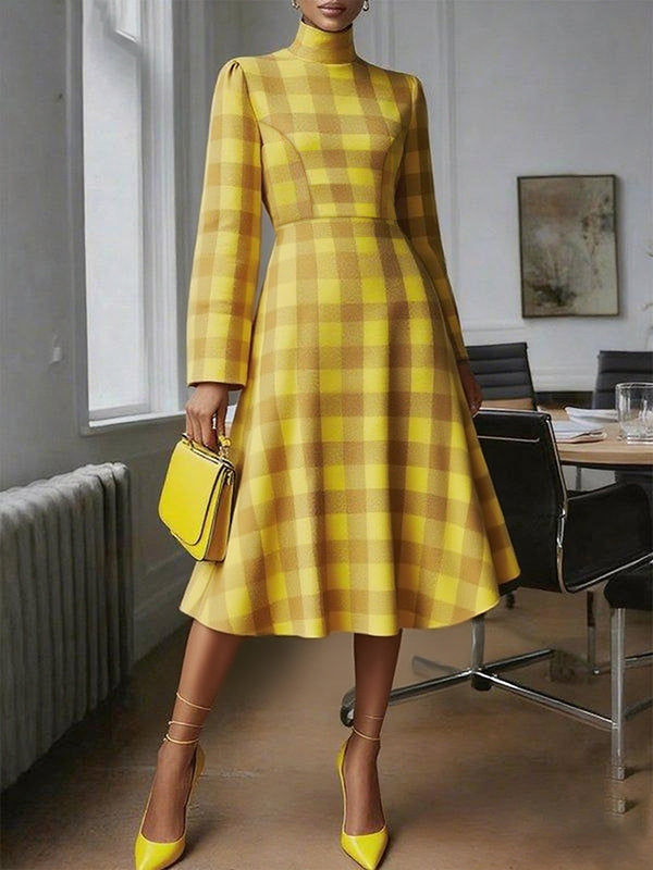 Robe mi-longue coupe trapèze, taille haute, à carreaux, à col haut, couleur contrastée