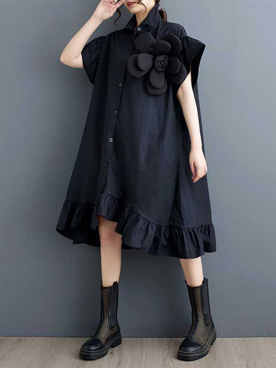 Robe mi-longue ample asymétrique boutonnée volantée à manches courtes, à fleurs en 3D, à col revers, couleur unie