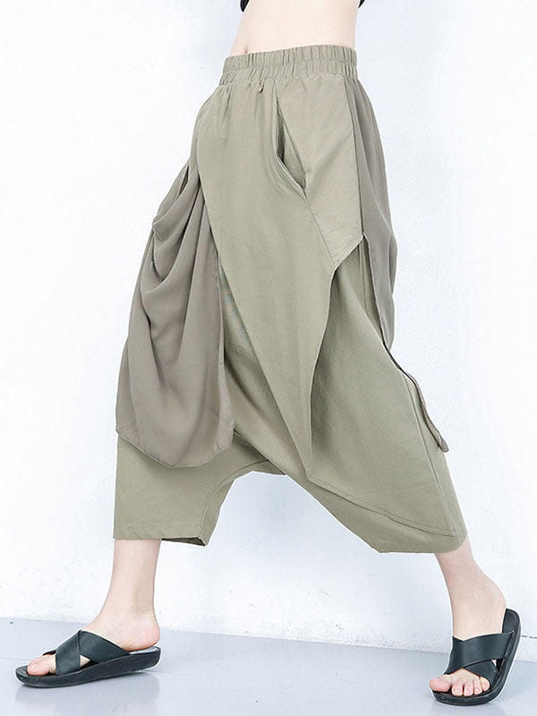 Pantalon 7/8 ample plissé couleur unie
