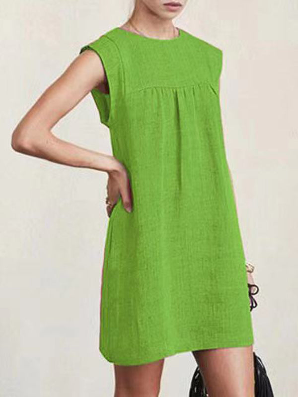 Robe courte décontractée ample à mancherons, à col rond, couleur unie
