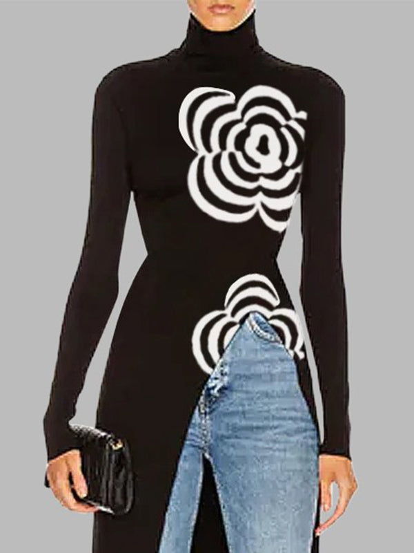 Pull asymétrique imprimé à manches longues, à empiècements, à col haut