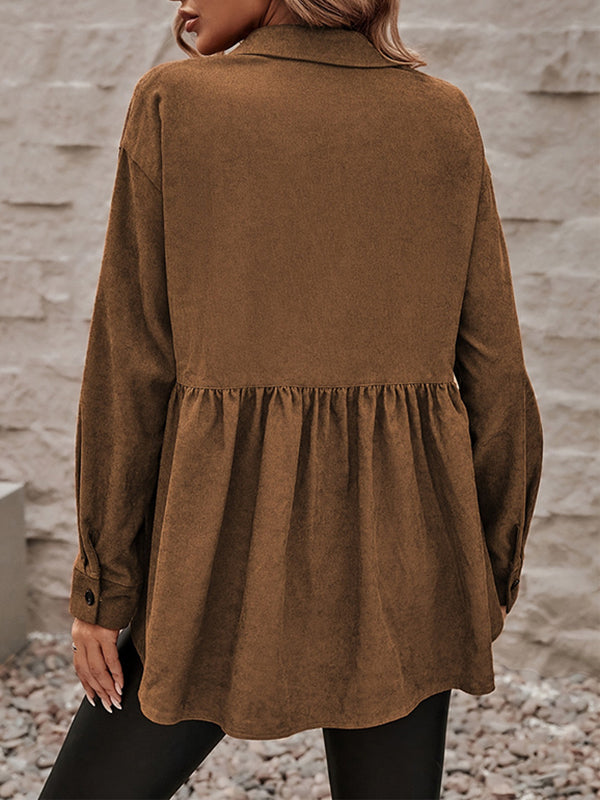 Veste boutonnée plissée coupe trapèze, à manches longues, à poches, à empiècements, à col revers, couleur unie