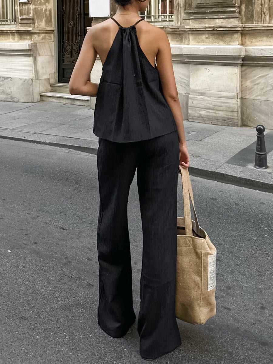 Ensemble deux pièces court plissé à col licou, à empiècements, taille haute, à taille élastique, à taille nouée, couleur unie – débardeur + pantalon