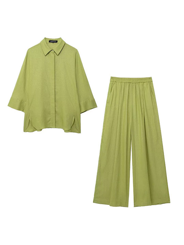 Ensemble deux pièces ample fendu sur le côté plissé à empiècements, à col revers, à taille élastique, couleur unie – chemisier + pantalon