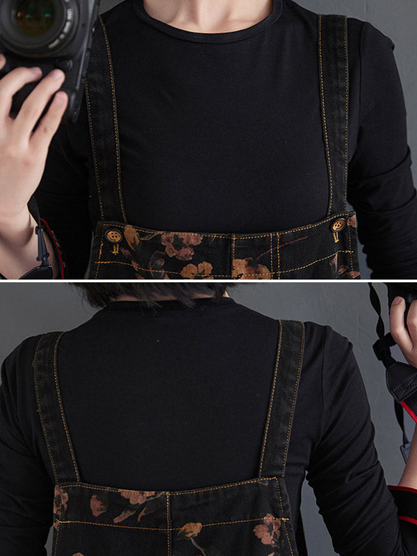 Salopette en denim sarouel originale à fleurs avec poches