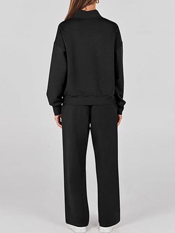 Ensemble deux pièces taille haute, manches longues, cordon de serrage, sweat-shirt fendu + pantalon/pantalon