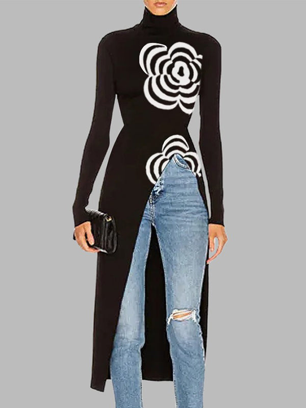 Pull asymétrique imprimé à manches longues, à empiècements, à col haut