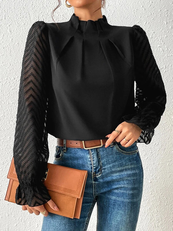 Chemisier ample plissé à manches longues, à taille élastique, en résille, à col cheminée, couleur unie