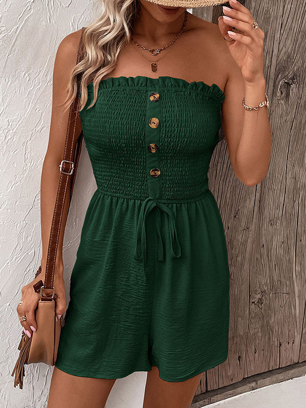 Combishort ample boutonné grande taille, à cordon de serrage, à taille élastique, à poches, à empiècements, bustier