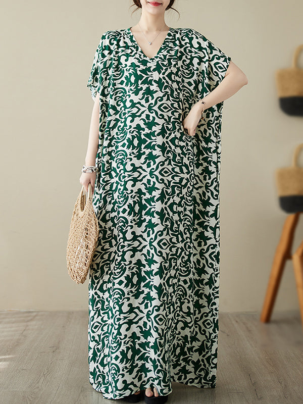 Robe longue ample à manches chauve-souris, à imprimé floral, à col en V