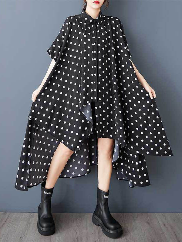 Robe chemise asymétrique boutonnée coupe trapèze, à ourlet plongeant, à pois, à col revers