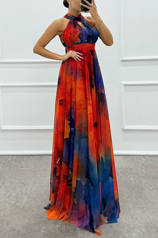 Elaine - Robe maxi en tulle avec imprimé floral, découpes et col halter