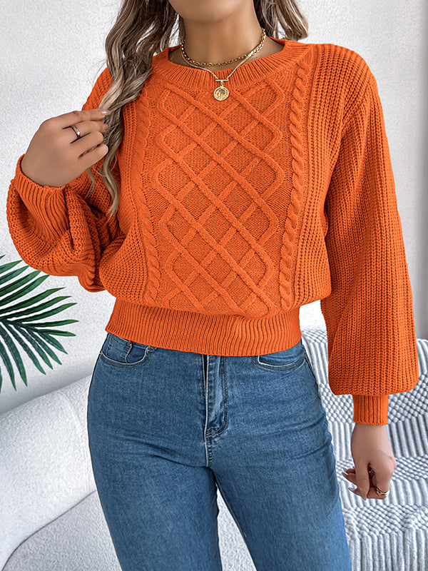 Taille élastiquée manches longues câble tricot couleur unie col rond haut en tricot pull hauts