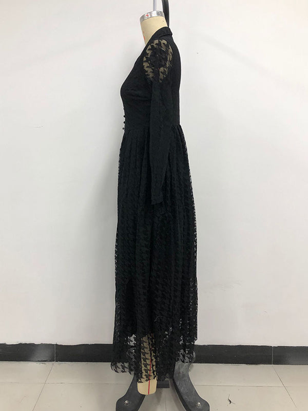 Robe longue boutonnée transparente taille haute, à manches longues, en gaze, à col en V, couleur unie
