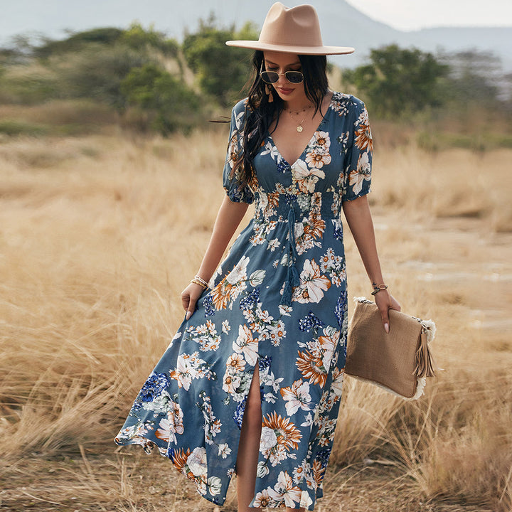 Lucia - Robe maxi avec décolleté en V et motif floral