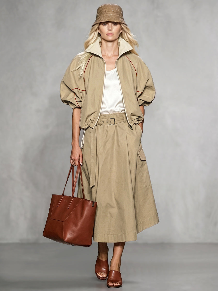 Jupe ample à poches, à taille élastique, avec ceinture, coupe trapèze, couleur unie